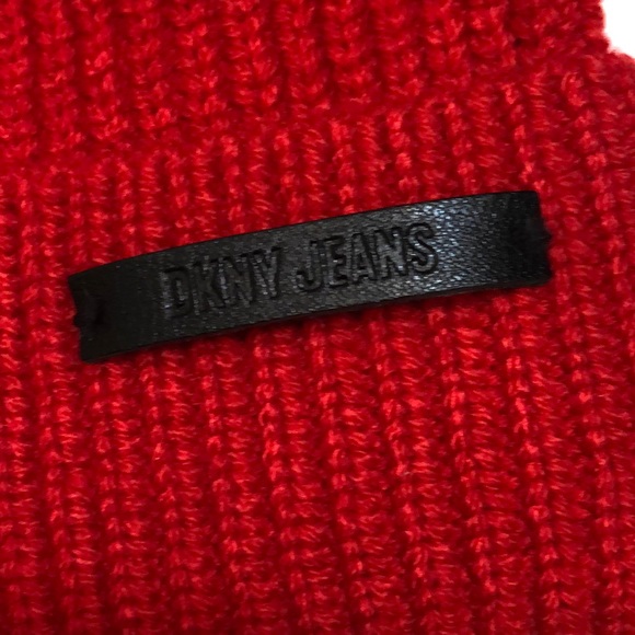 DKNY Ribbed Knit Cuffed Beanie Hat Color Scarlet Red Logo Accent OS NWT - Picture 5 of 15